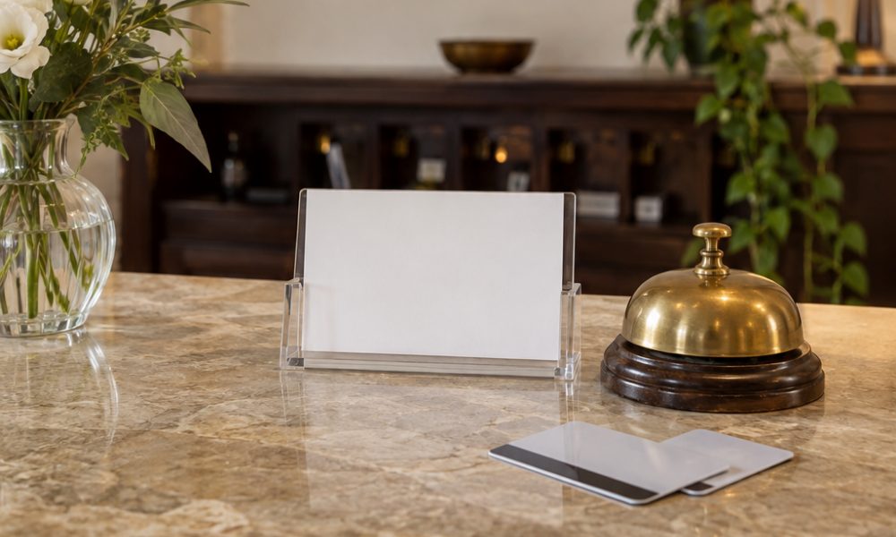 Il banco della reception di un hotel con il porta-cartoncino, la campanella e le chiavi della camera